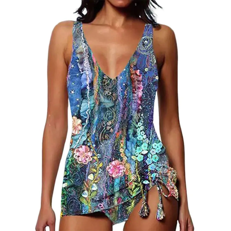 Women's printed triangle bikini swimsuit set with backless top and choice of briefs, boxer shorts, or skirt bikini bottoms