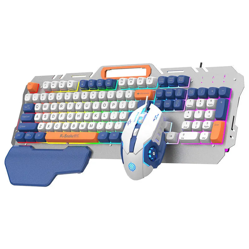 Blue wired gaming keyboard and mouse set with backlit keys and USB cable