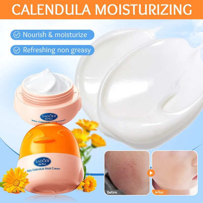 English Marigold Children's Moisturizing Facial Cream 50g in a white pot with green label