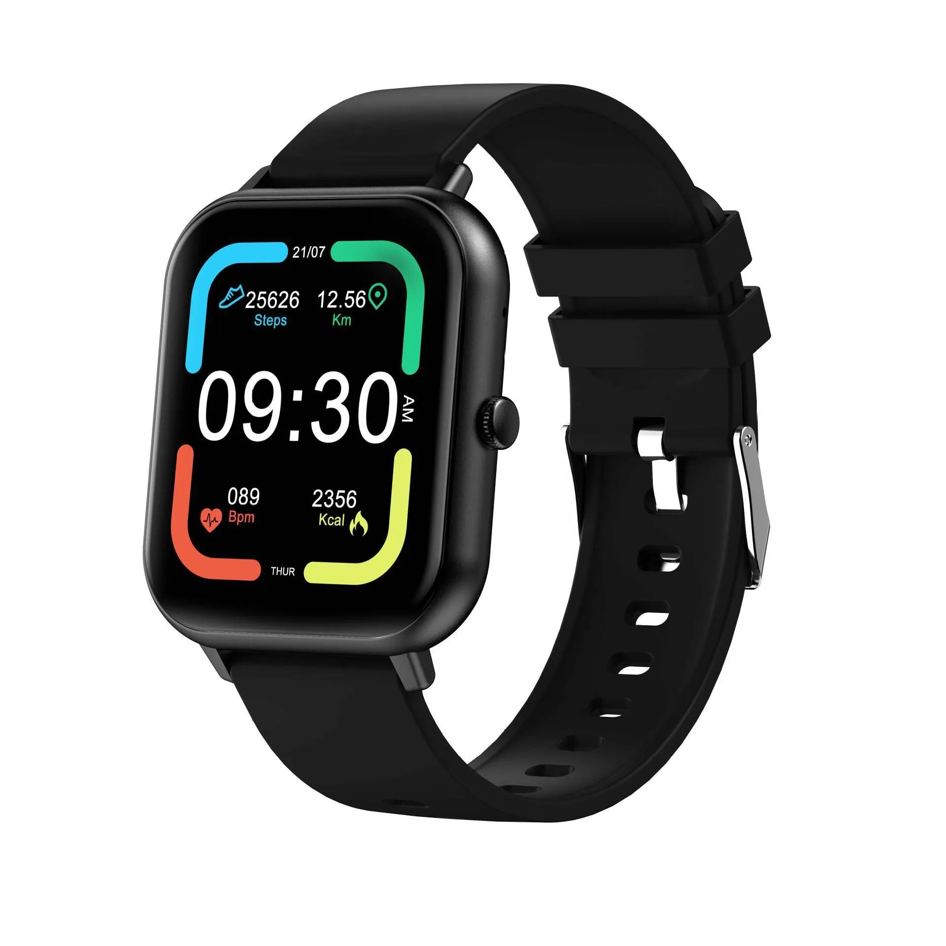 A smart watch with a metal case and wrist strap, showing a TFT screen displaying heart rate data.