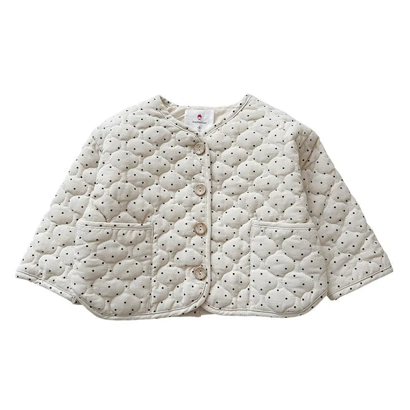 Beige Korean-style baby girl winter cotton-padded coat with printed design, corduroy fabric, single-breasted closure, unhooded, suitable for heights 80-130cm