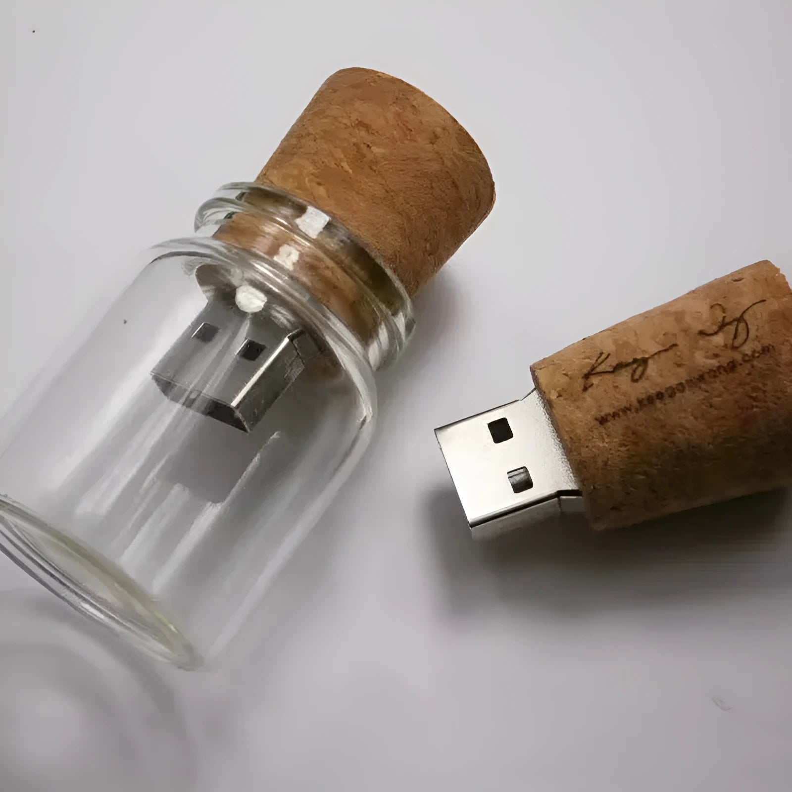 Wooden wish drift bottle shaped USB flash drive with transparent casing on display.