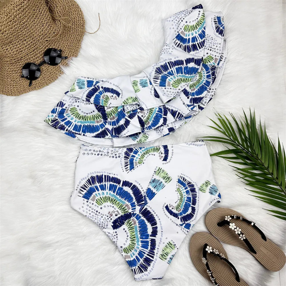 White women's one-shoulder swimsuit with lotus leaf split detail and double-layer construction