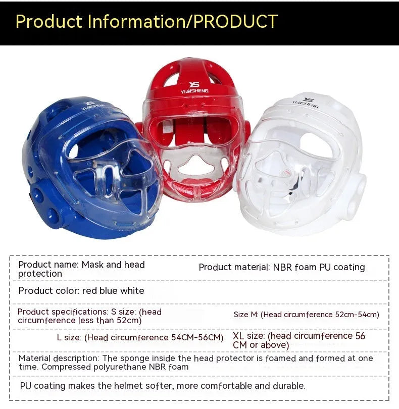 Karate helmet protective equipment for boxing in blue, red, or white colours available in sizes S, M, L, XL