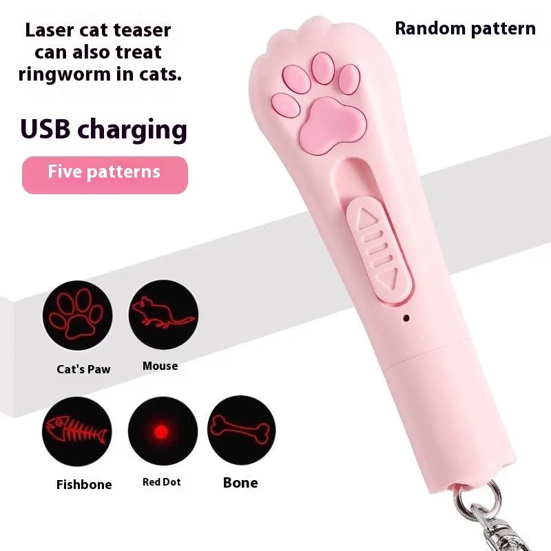 Rechargeable cat teaser pen light toy in pink, cream, and sky blue colours with Self-Hi button.