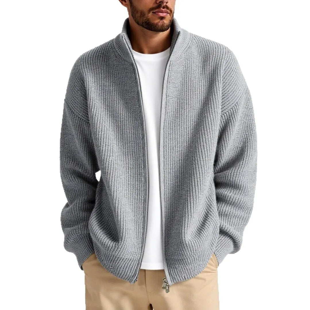 Men's loose-fit cardigan sweater coat in a grey colour, shown as a casual base layer.