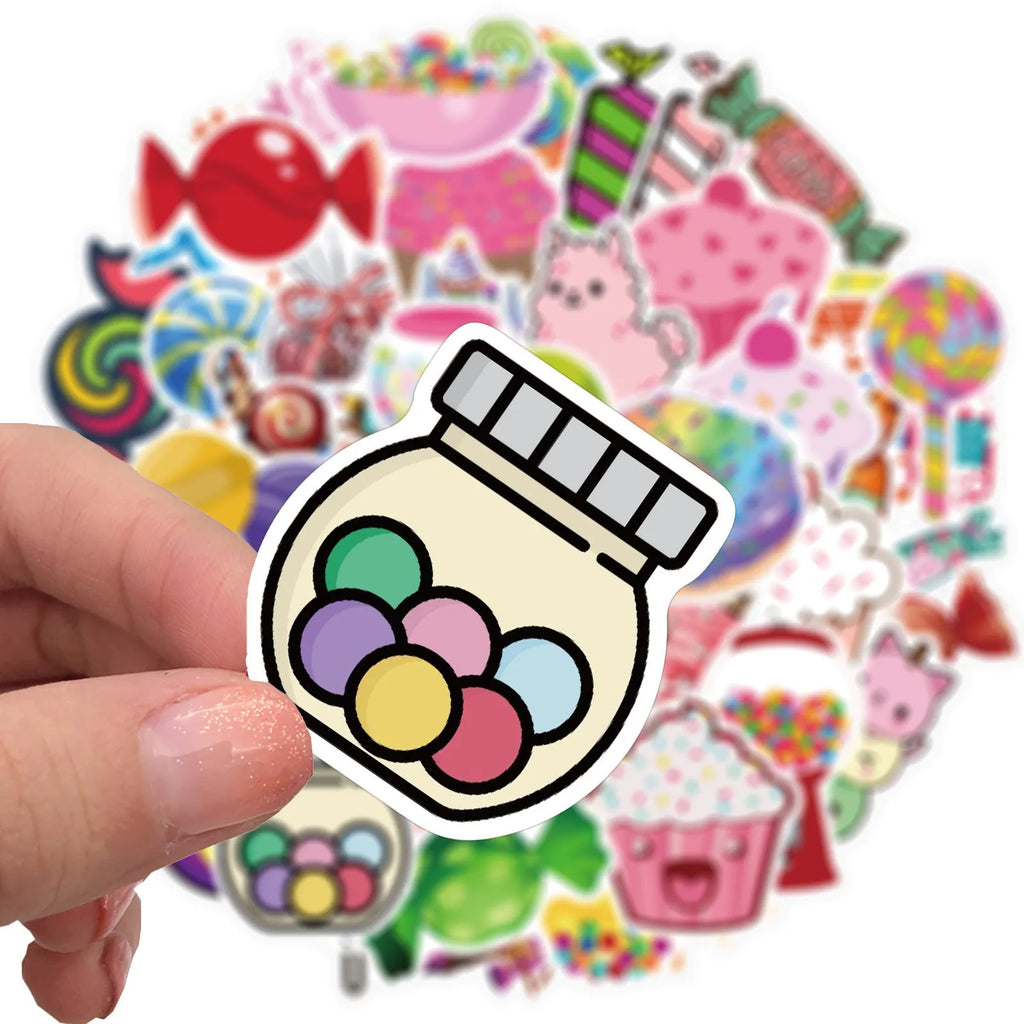 Fifty colourful candy graffiti adhesive stickers with cartoon and cute patterns measuring 4-6cm