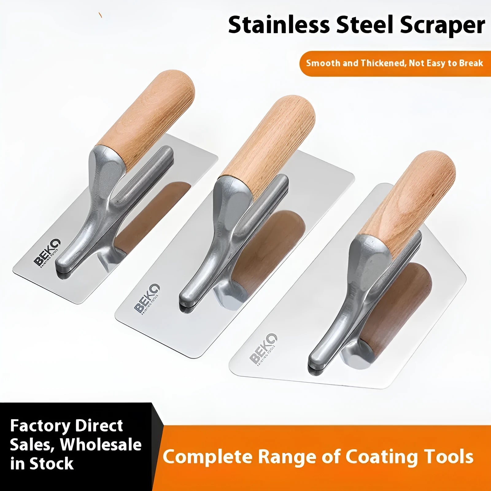 Stainless steel putty scraper with a wooden handle, showing three different blade size options.