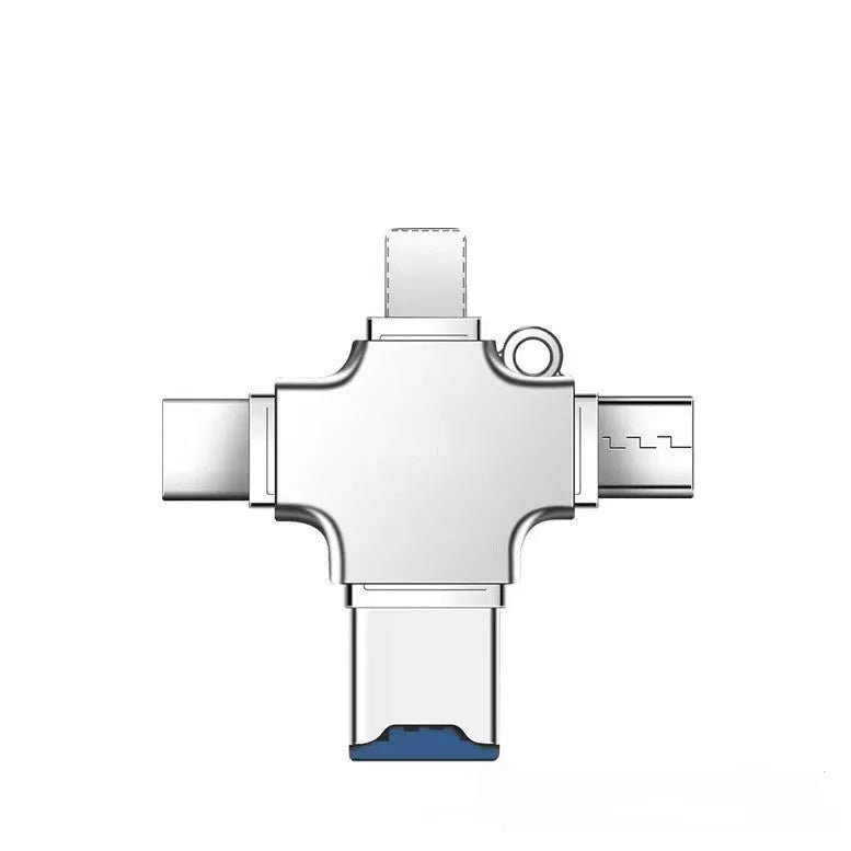 Silver zinc alloy multi-functional card reader with USB 2.0 and Lightning Type-C Micro USB interfaces
