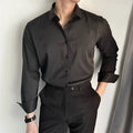 Men's Korean slim fit cardigan-style shirt in solid black, grey, or white.