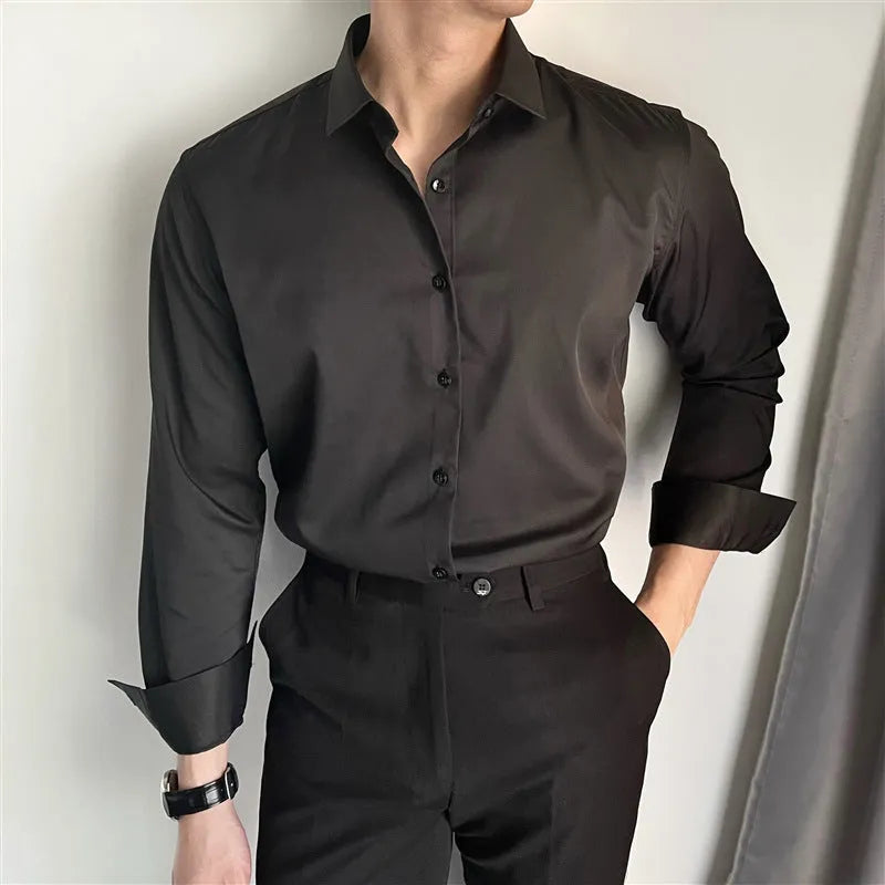 Men's Korean slim fit cardigan-style shirt in solid black, grey, or white.