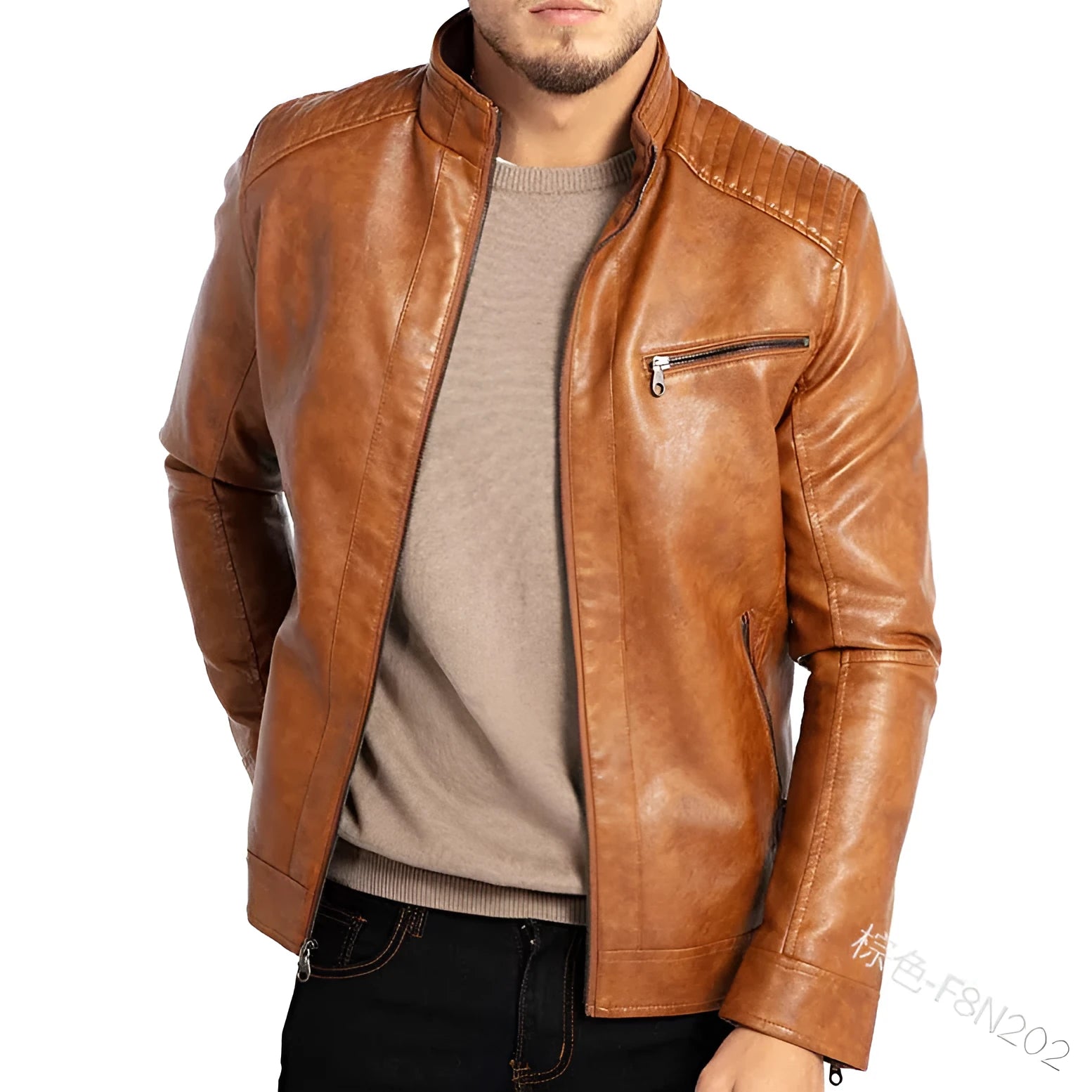 Men's brown artificial leather punk motorcycle jacket with stand collar