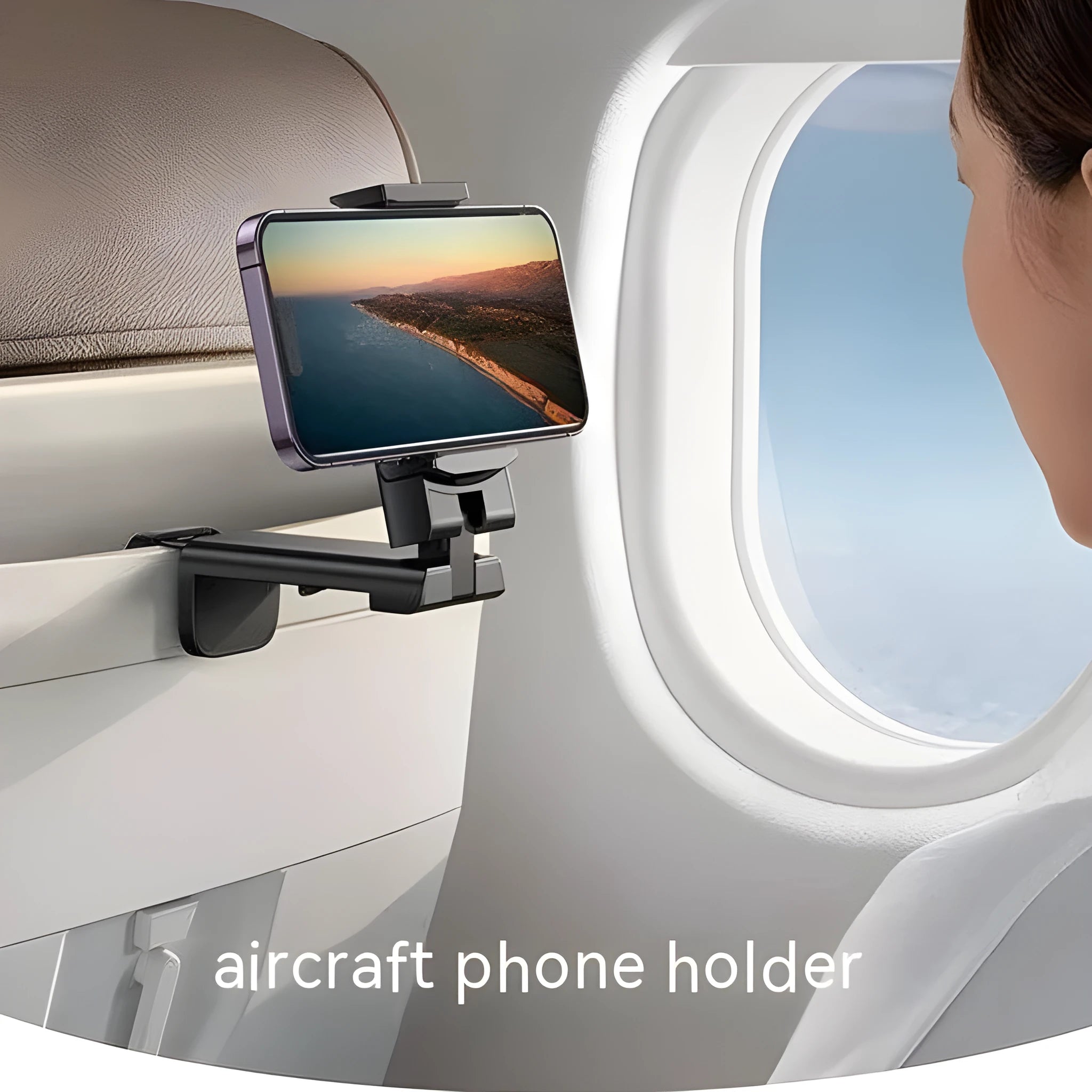 Universal foldable rotating phone holder in black, shown holding a smartphone in landscape orientation.