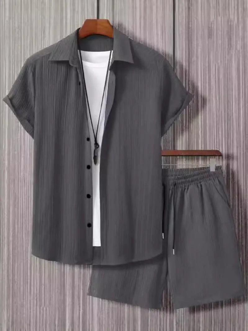 Jacquard fabric short-sleeve suit set with matching trousers in black, white, grey or beige