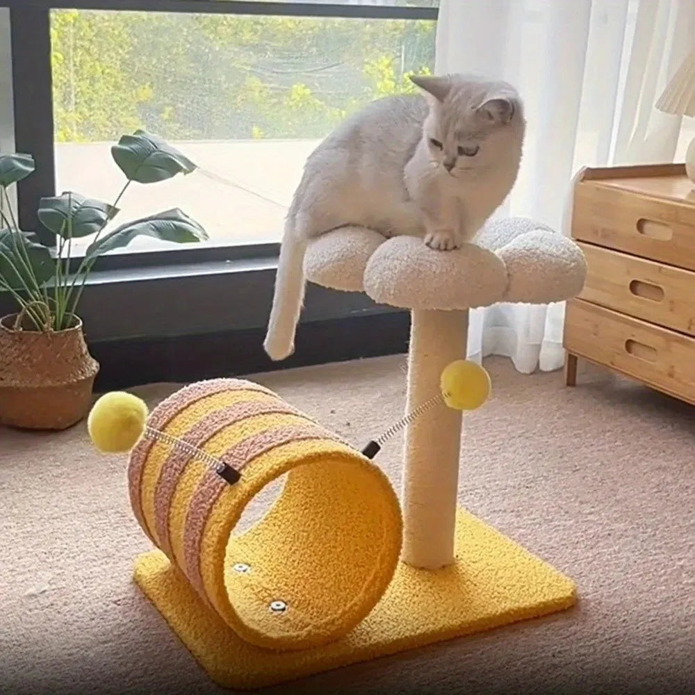 Yellow bee-shaped cat climbing frame with sisal scratching posts and a fabric tunnel.