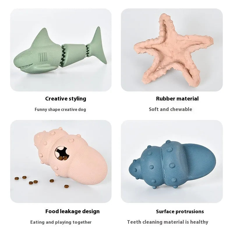 Shark-shaped rubber dog toy in marine colours including conch blue, conch green, starfish blue, and starfish green options