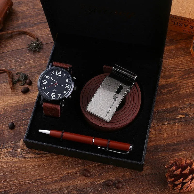 Business gift set for men with belt, wallet, quartz watch with leather strap, and pen in box