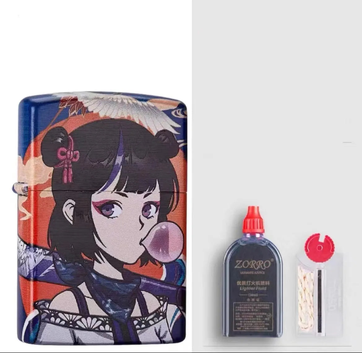 Windproof kerosene lighter with artistic design, steel and copper construction, 58x39x13mm dimensions