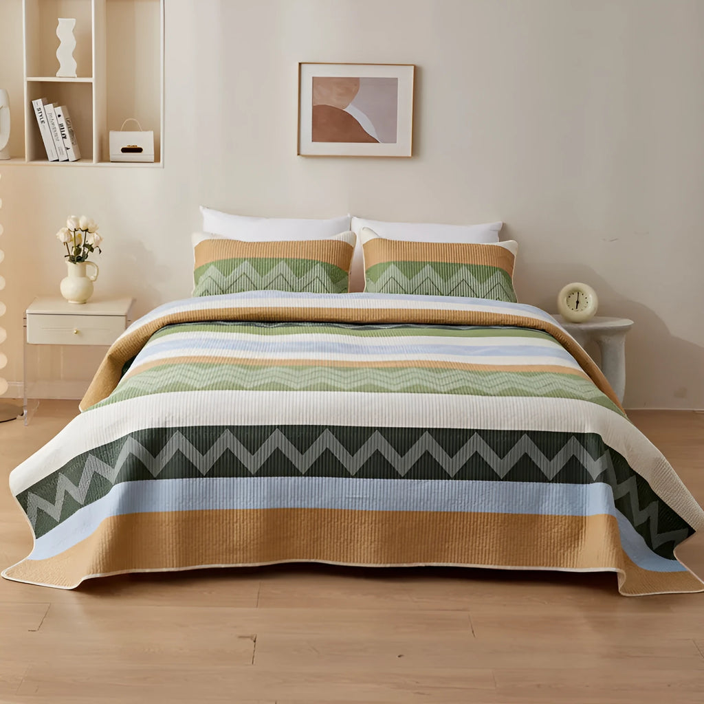 Pure cotton printed bed sheet set showing reactive dyed patterns on bedspread-style bedding for 2.2 metre beds