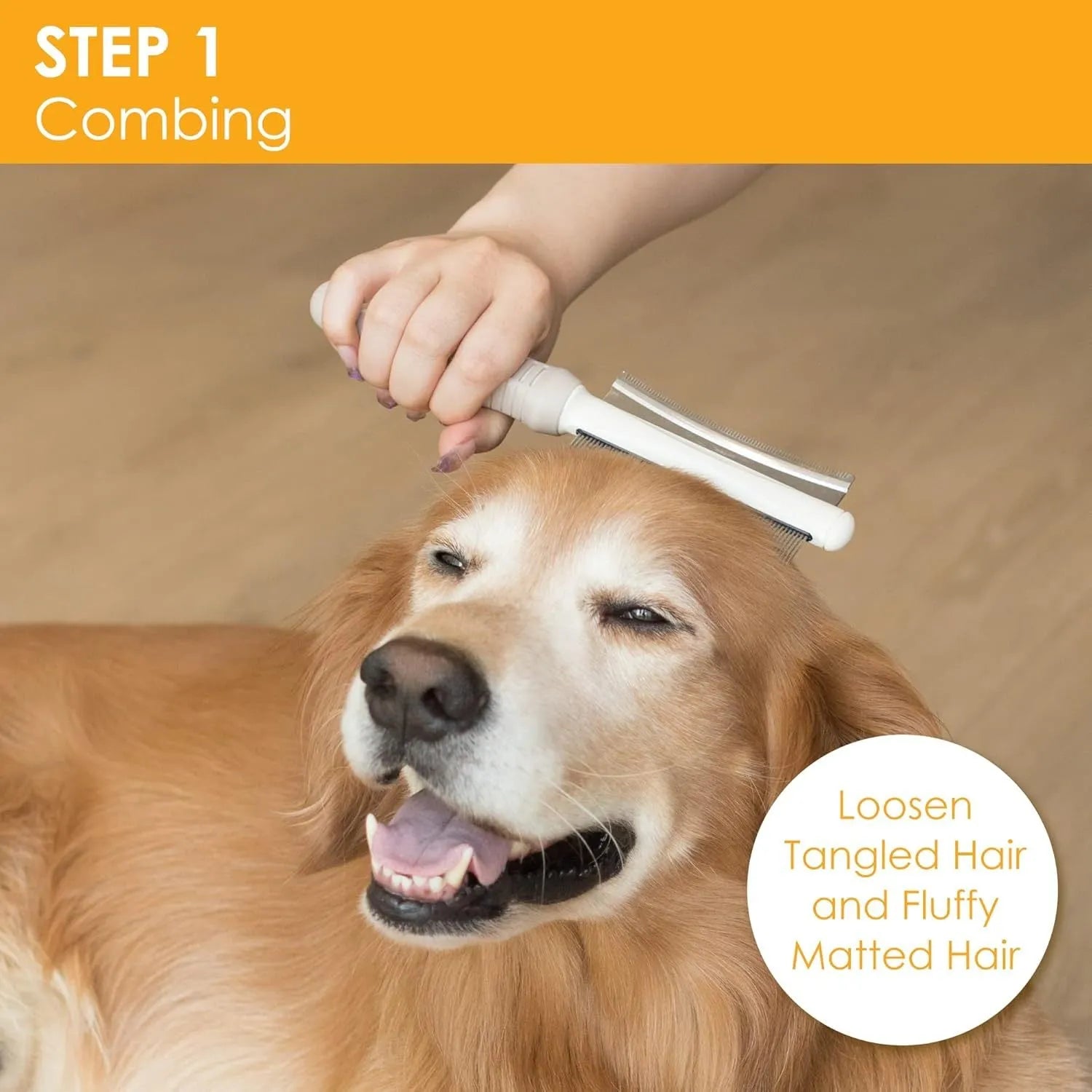 White double-sided pet grooming brush with curved comb and deshedder on an ergonomic anti-slip handle