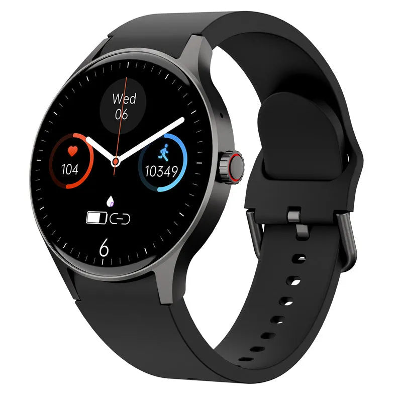 Men's and women's smart Bluetooth sport watch with round touch screen in black, blue, pink, or red colours