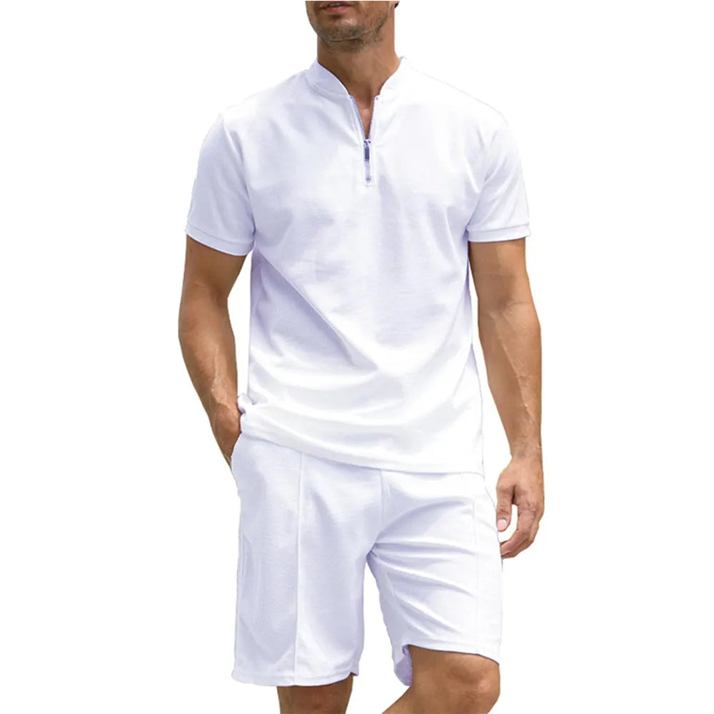 Men's solid colour polo shirt two-piece suit set in beaded bird's eye polyester fabric