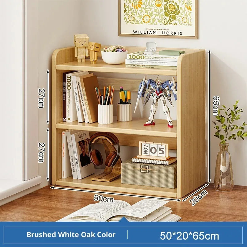 Desktop bookshelf three-layer 50cm density board dark walnut colour on desk with books