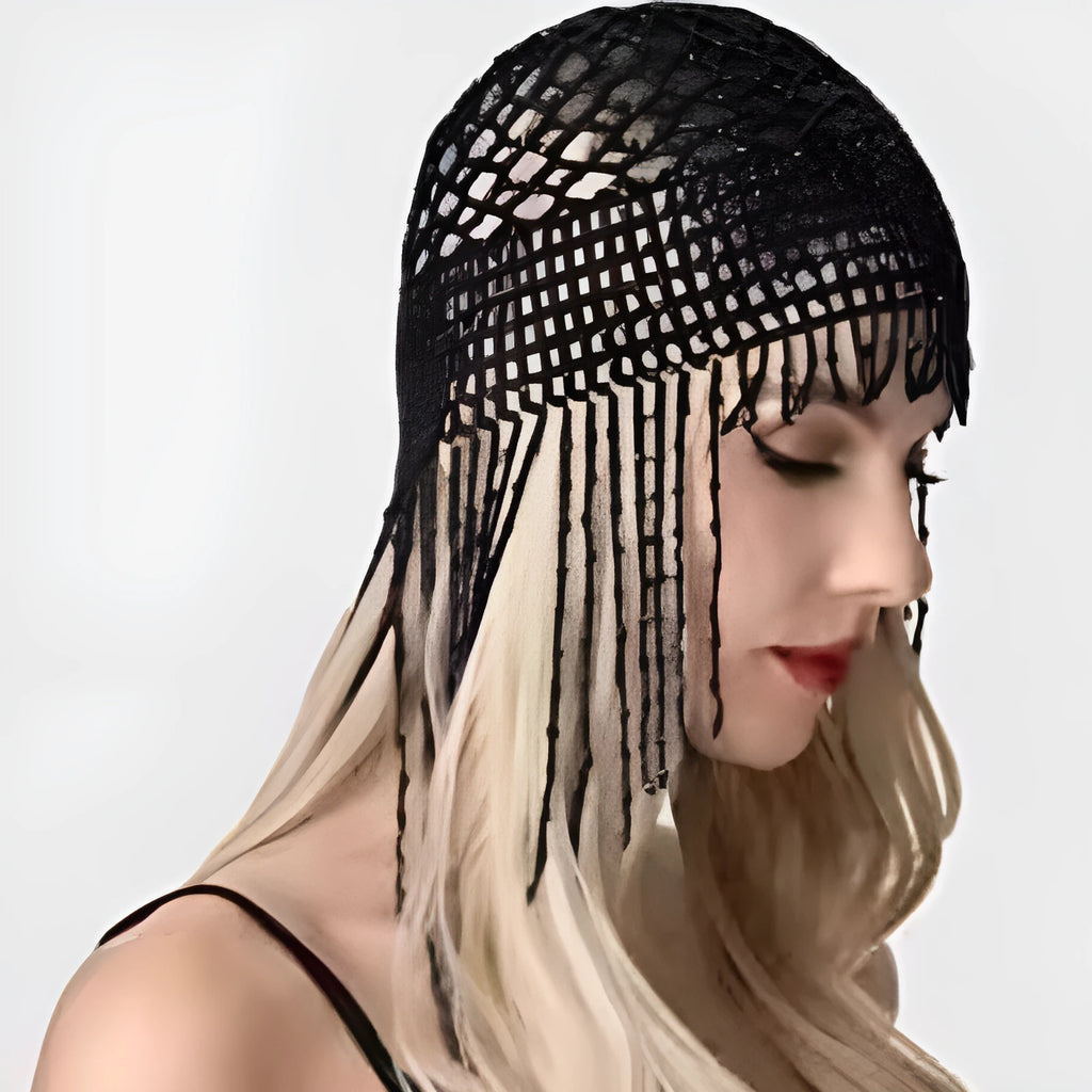 Handmade beaded alloy belly dance hat hair ornament with tassel in silver or black.