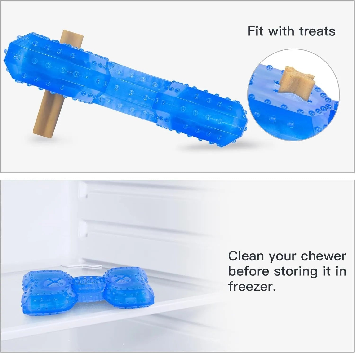 Freezable bone-shaped and circle-shaped dog cooling chew toys with treat pockets.