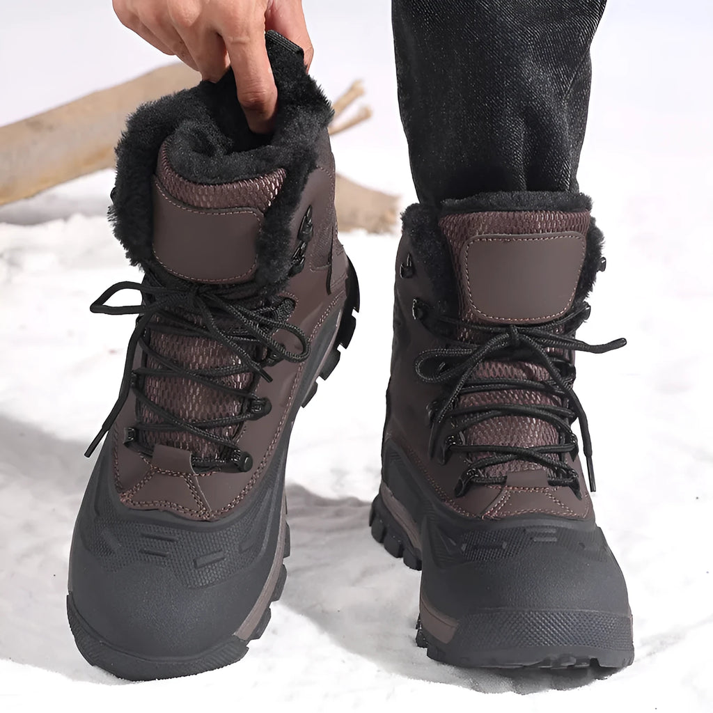 Men's black fleece-lined high-top boots with velvet interior and lace-up front closure