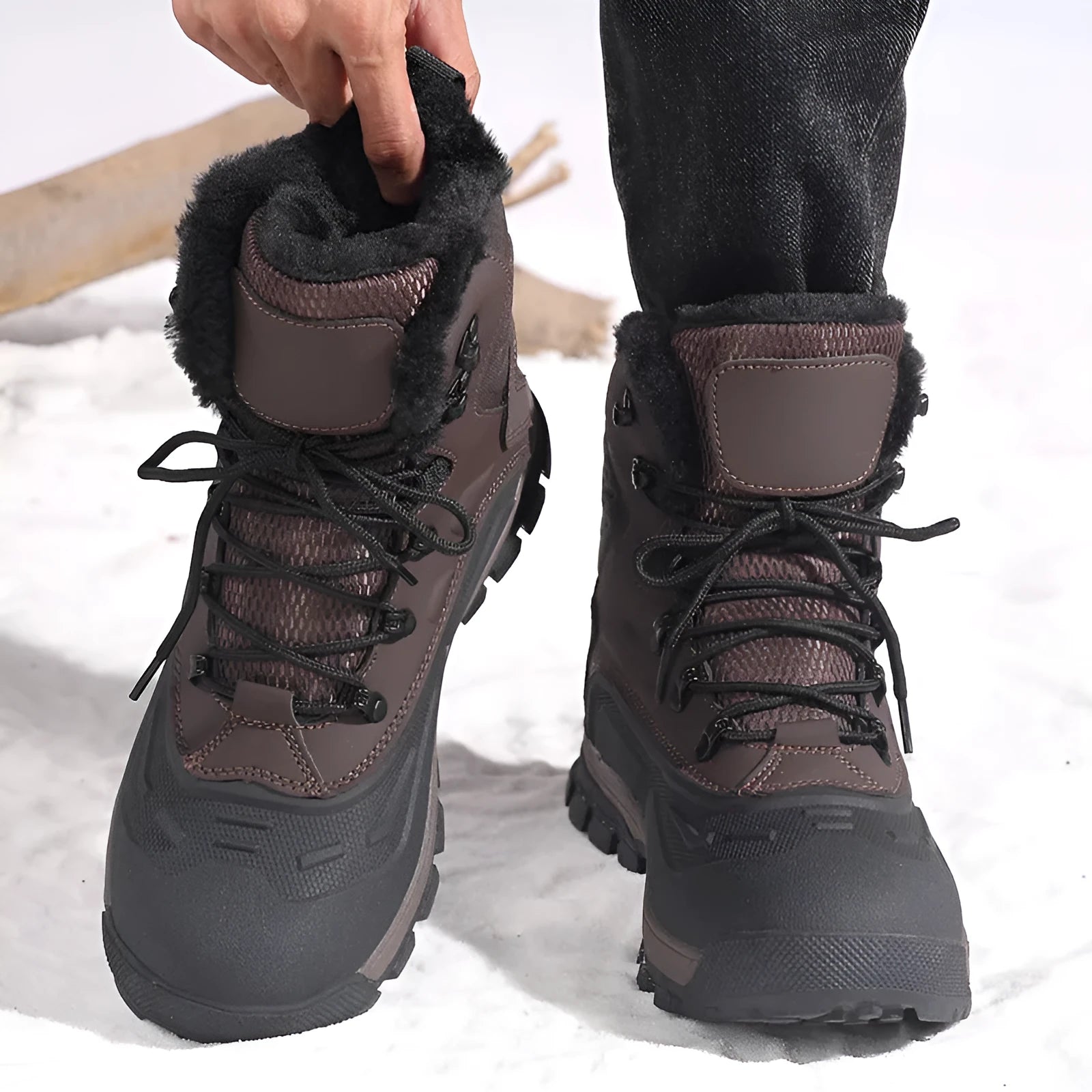 Men's black fleece-lined high-top boots with velvet interior and lace-up front closure