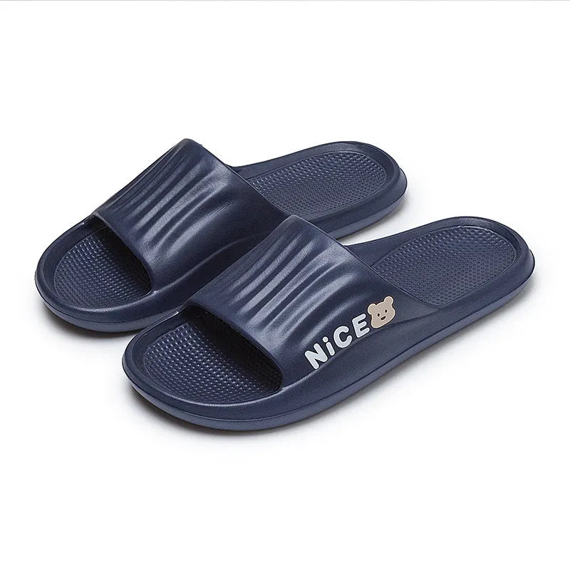 Minimalist cartoon pattern EVA flip flop slippers for household wear, shown in multiple colours.