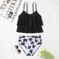 High-waisted black and coconut tree print double-layer swimsuit briefs for women