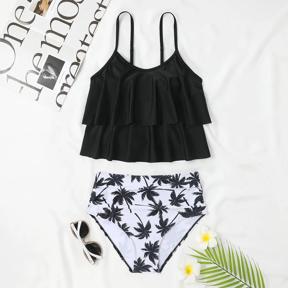 High-waisted black and coconut tree print double-layer swimsuit briefs for women