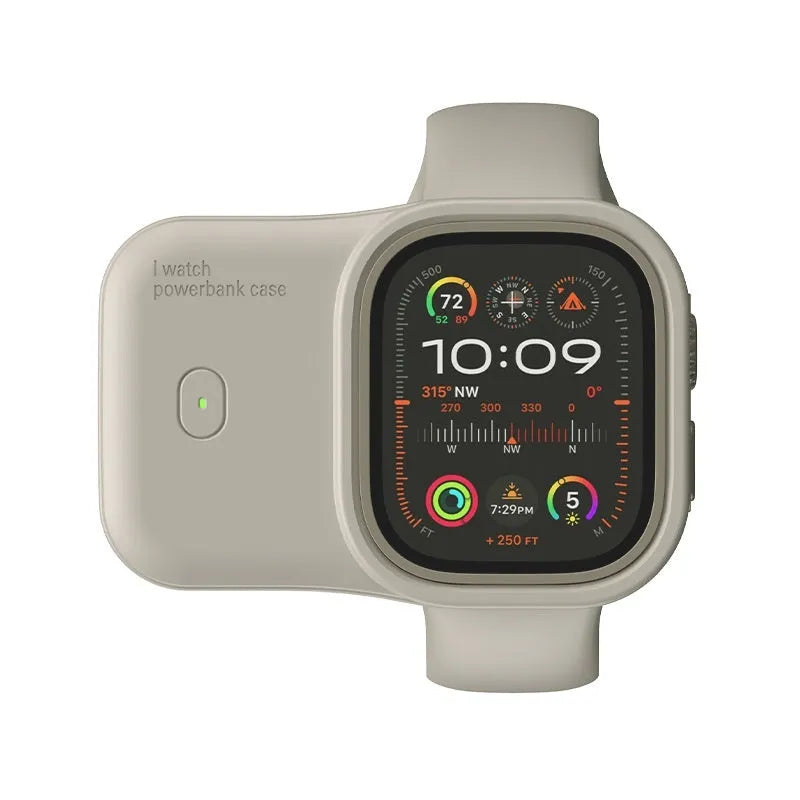 Apple Watch portable wireless charging case in brown, midnight blue, or starlight colours with 1200mAh battery