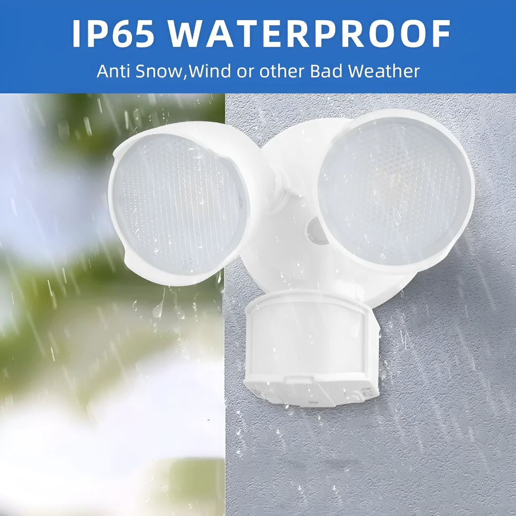 White LED security flood light with PIR motion sensor mounted on an outdoor wall.