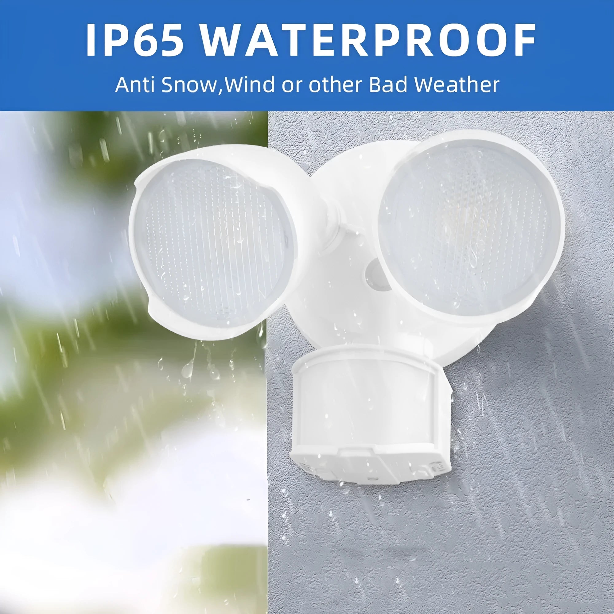 White LED security flood light with PIR motion sensor mounted on an outdoor wall.