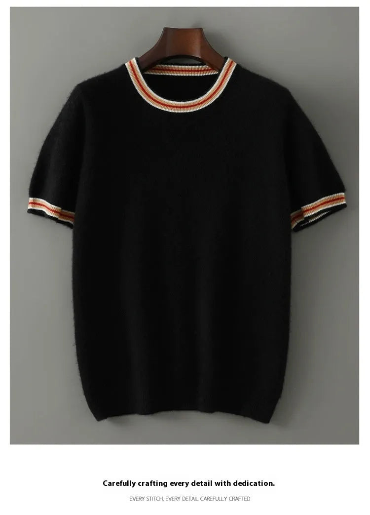 Men's grey round neck short sleeve pure wool pullover sweater on a hanger.