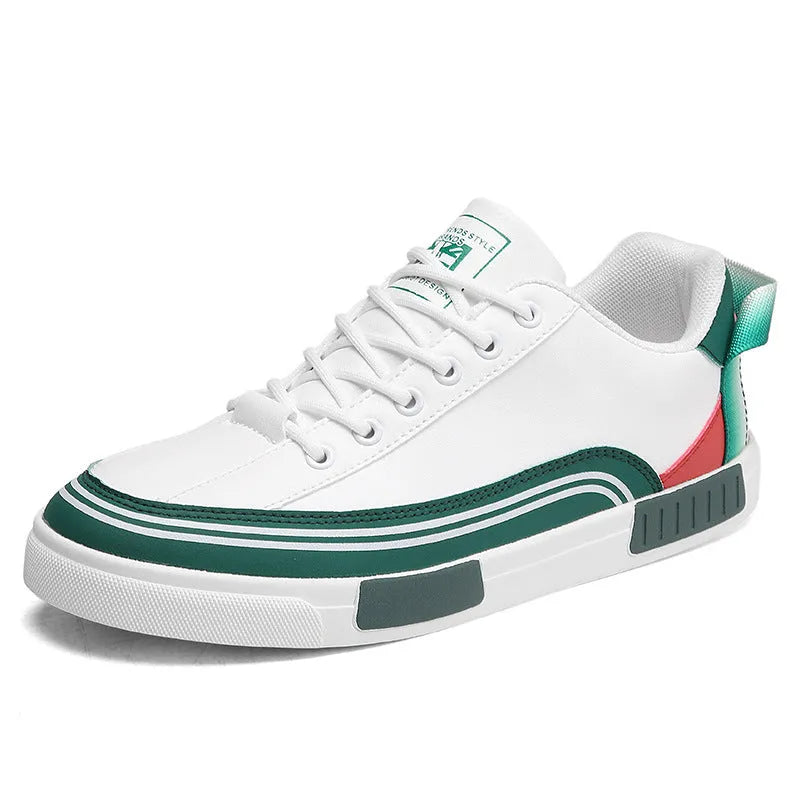 Men's casual canvas shoes with mesh panels in beige, white and green colours, flat heel design