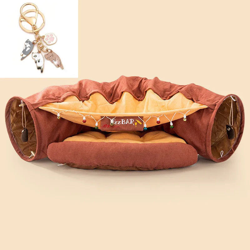 Collapsible cat tunnel toy in Bar colour design showing folded and expanded states