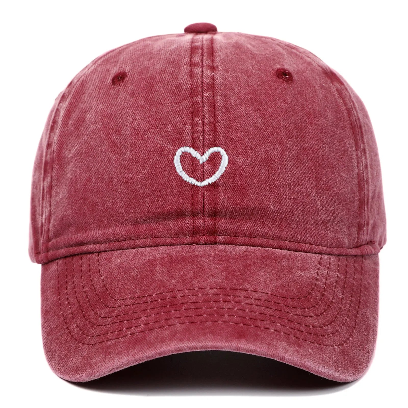 Cotton baseball cap with embroidered red love heart on front, shown in grey.