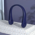Blue portable bladeless neck fan with adjustable speed settings and USB charging port