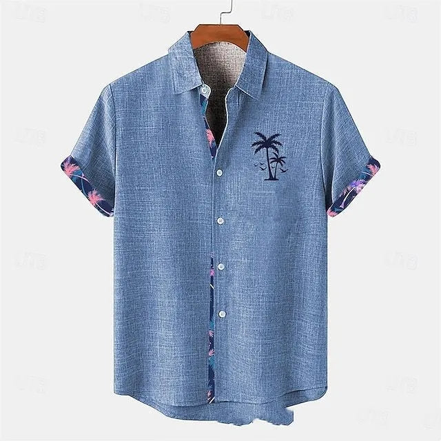 Loose fit linen short sleeve casual shirt showcasing an ocean fish pattern detail on the lapel.