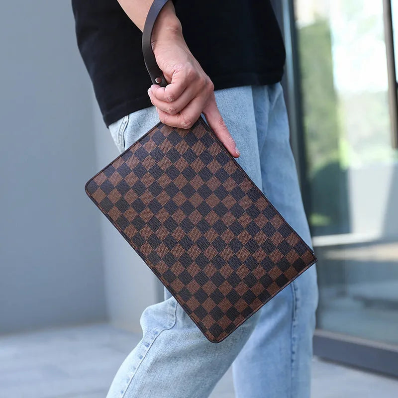 Men's soft PU leather clutch wallet showing card slots and zipper pocket in checkered pattern