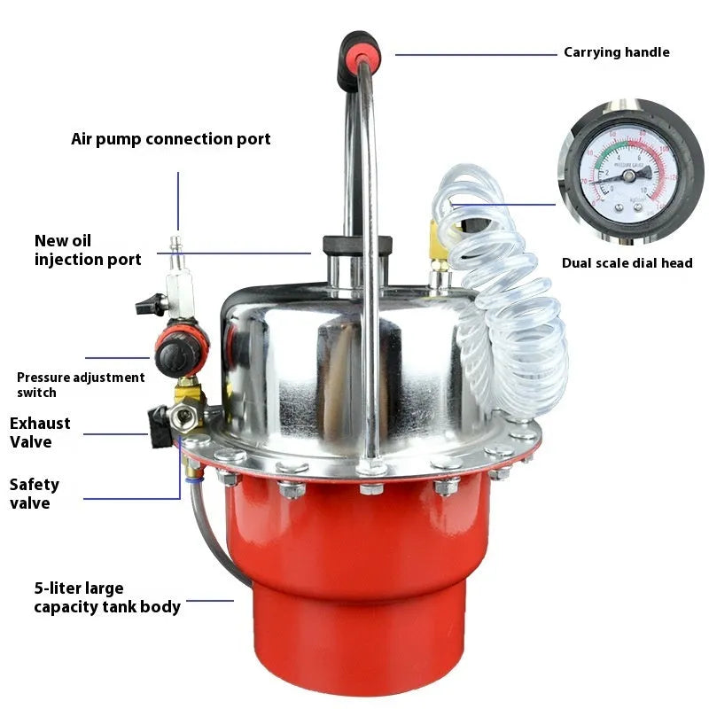 Pneumatic brake fluid replacement machine with large tank, pressure gauge, and regulator on a workshop bench.