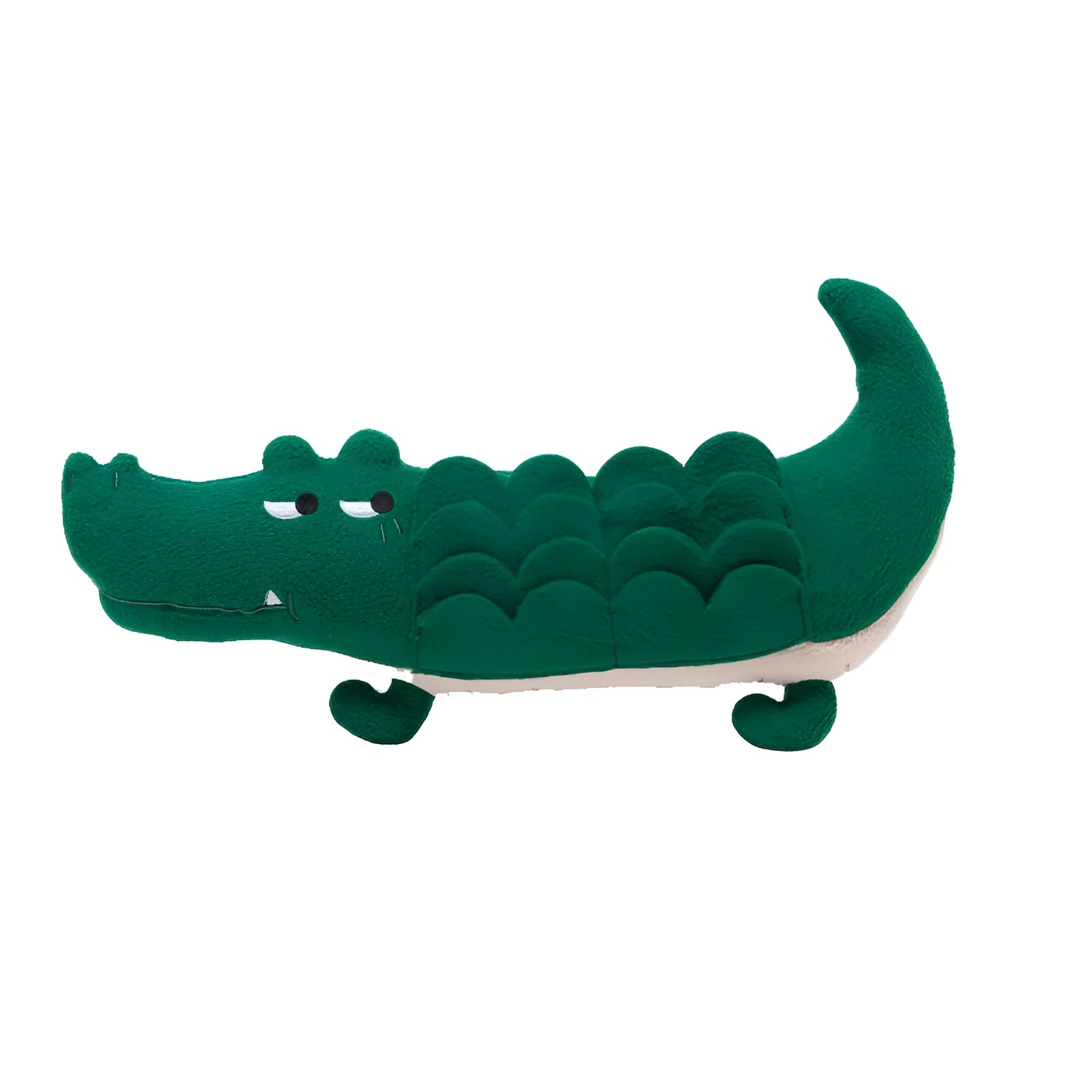 Green soft plush dog toy with embroidered face featuring squeaker and rattle for infant play