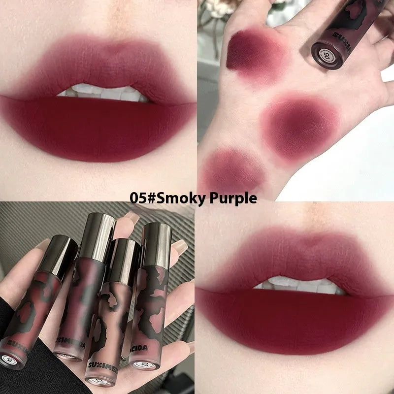 Lava Secret Matte Lip Mud Lipstick in five colour shades showing no-stain matte formula.
