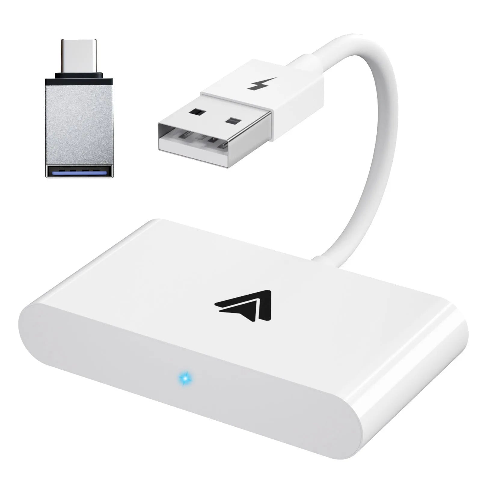 Black wireless Android Auto car adaptor connected to a car USB port with a smartphone displaying a navigation app wirelessly.