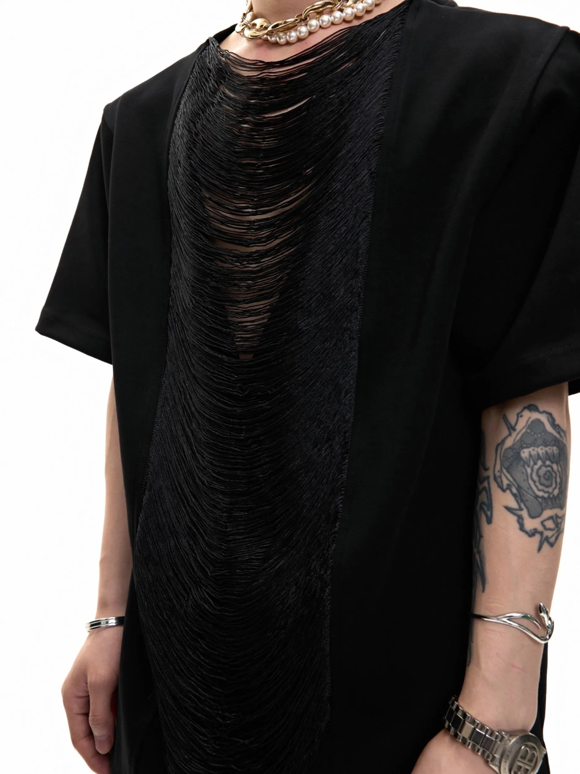 Men's black loose fit V-neck polyester T-shirt with short sleeves and tassel detailing