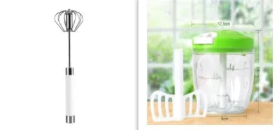 Semi-automatic manual egg beater whisk in stainless steel and white plastic